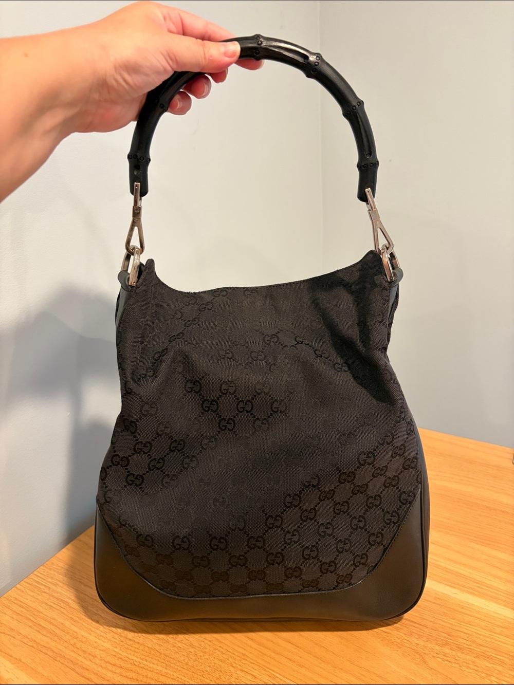 Gucci Black GG Jacquard Bamboo-Handle Hobo Bag